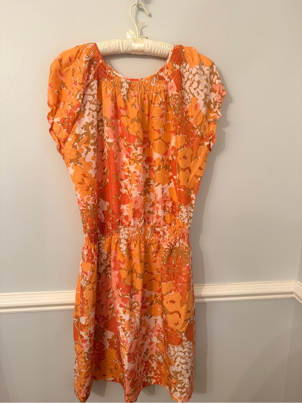 Talbots Silk Floral Dress Orange Pink Smocked Waist Cap Sleeve L - Picture 7 of 10